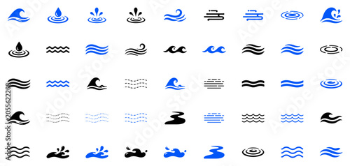 Foto Set of abstract water and wave icons with splashes, droplets, ripples and flowin