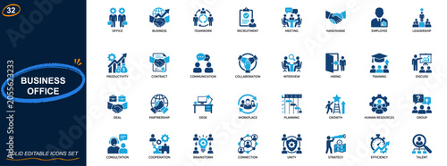 Business office and corporate worker icon set. teamwork, recruitment, meeting, handshake, leadership, productivity, contract, collaboration. Editable icons collection. Vector.