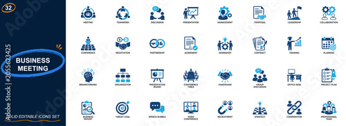 Corporate business meeting icon set. Teamwork, client discussion, marketing presentation, employee management, office proposal, leadership, collaboration. Editable icons collection. Vector.