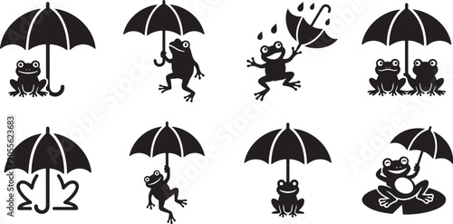 Fotografie Cute frogs holding umbrellas in rainy weather pond silhouettes