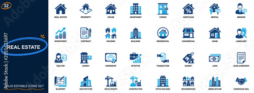 Tableau sur toile Real estate and property icon set for residential and commercial housing