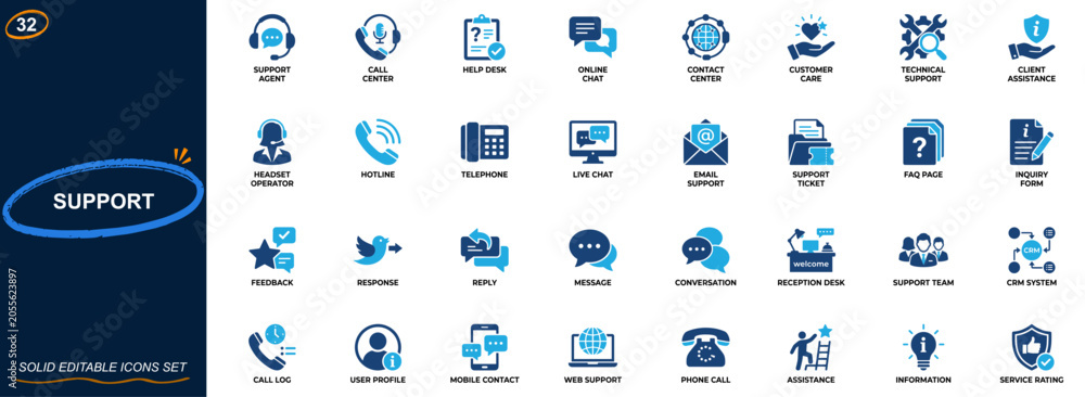 Obraz premium Customer support and service center icon set. Call center, help desk, online chat, client assistance, contact center, customer care, technical support. Editable icons collection. Vector.