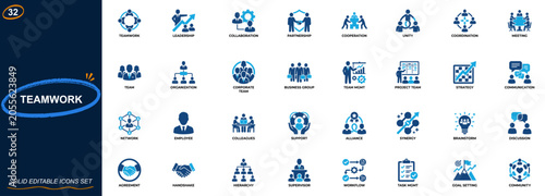 Teamwork and leadership business icon set for corporate organization and team management. Collaboration, partnership, communication, unity, coordination, meeting. Editable icons collection. Vector.