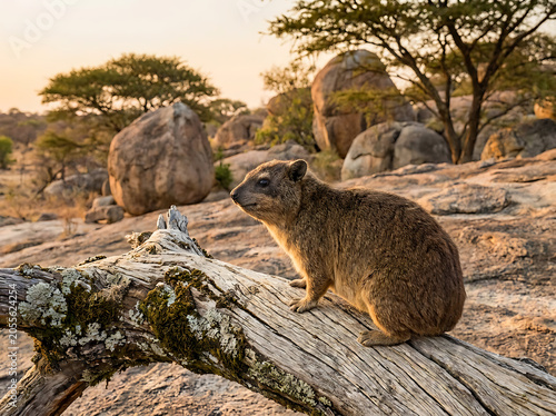 Small brown rock hyrax perched upon an old weathered log in a rocky african savanna landscape