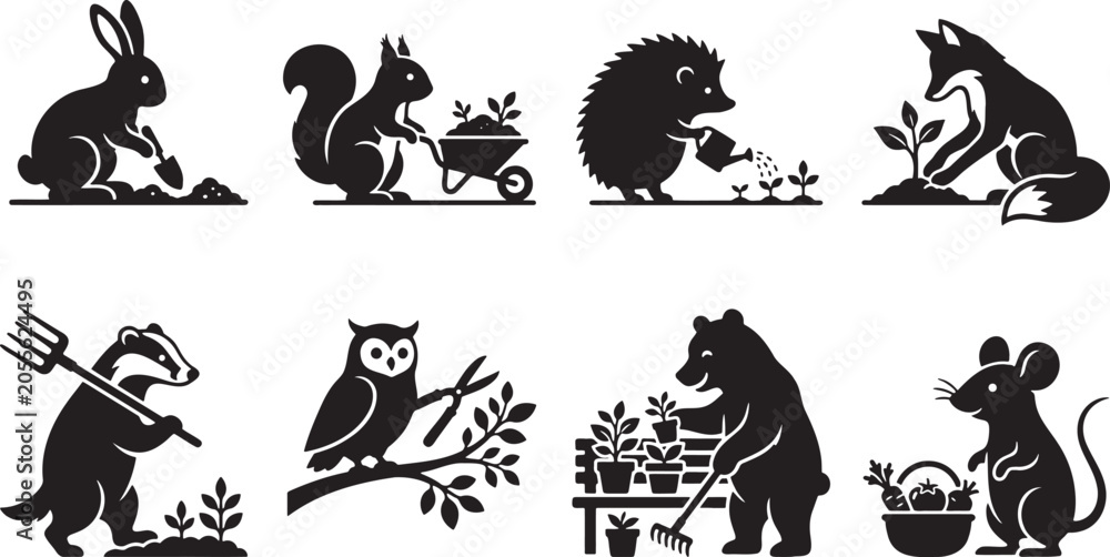 Obraz premium Funny animals gardening with tools and watering cans silhouettes
