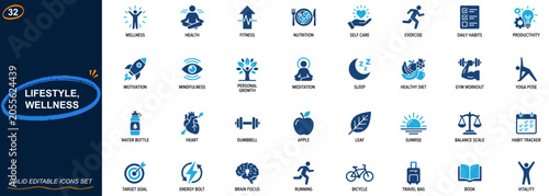 Lifestyle and wellness icon set for healthy living and personal growth. Health, fitness, nutrition, self care, daily habits, motivation, productivity, mindfulness. Editable icons collection. Vector.