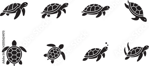 Tablou pe pânză Sea turtles swimming gracefully underwater ocean marine reptiles silhouettes