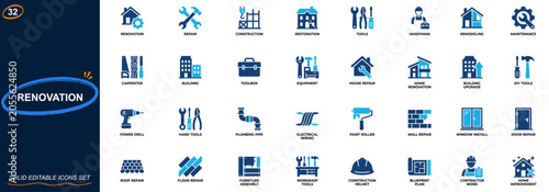 Renovation icon set. House repair, construction, restoration, tools, handyman, remodeling, carpentry, maintenance, plumbing, electrical, building upgrade. Editable icons collection. Vector.