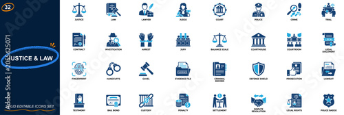Obraz na płótnie Justice and law icon set for legal system and criminal procedure