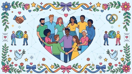 Diverse family illustration with heart shape surrounded by floral border