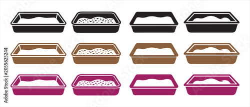 Set of cat litter box icons with sand isolated on white background in flat vector style.