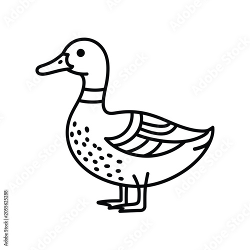 Duck illustration black and white line drawing on a white background