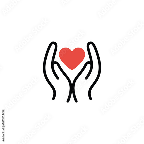 Hands cradling heart flat line icon on white background