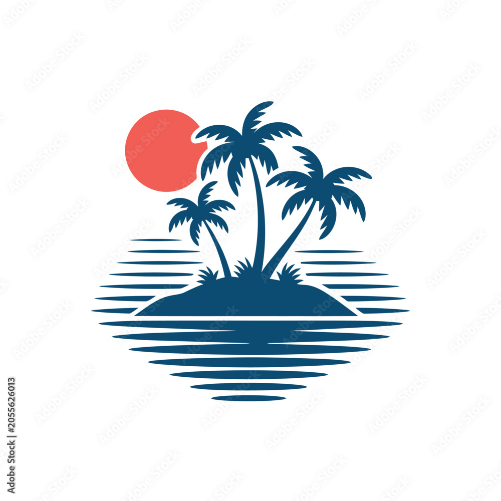 Obraz premium Palm Trees And Sun Silhouette Against Wavy Water Vector Illustration