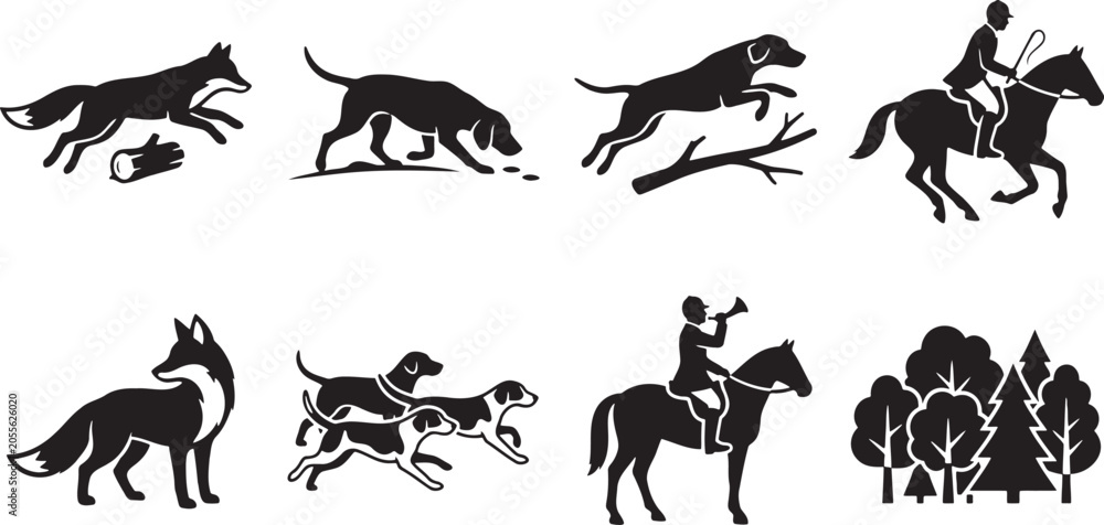 Obraz premium Black silhouette collection of hunting and running scene with foxes hounds and a rider on horseback blowing a horn