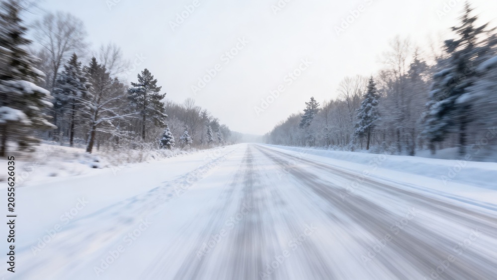 Obraz premium Snowy road through forest