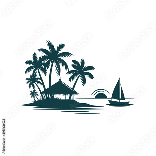 Foto Tropical island silhouette with palm trees thatched hut and sailboat