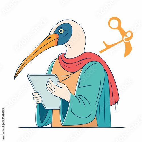 Anthropomorphic Bird Character Holding Tablet with Scissors Icon
