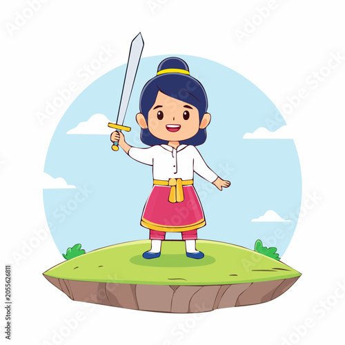 Cartoon Girl Holding Sword on Floating Island
