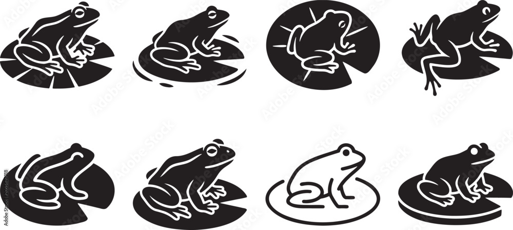 Obraz premium Black silhouette collection of wild frogs sitting on green lily pads from various viewpoints and angles