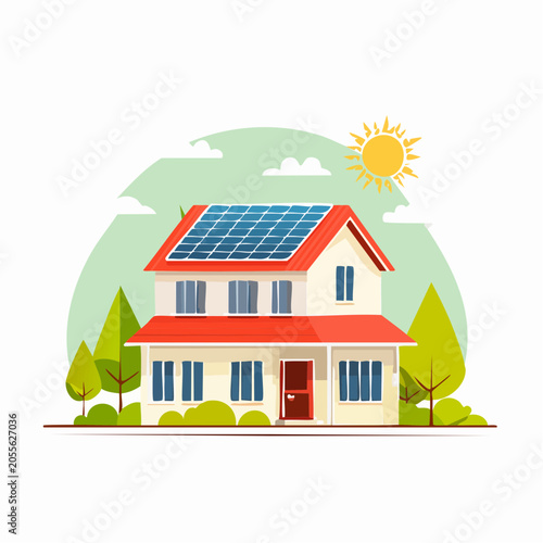 House with Solar Panels on Roof Under Sunny Sky