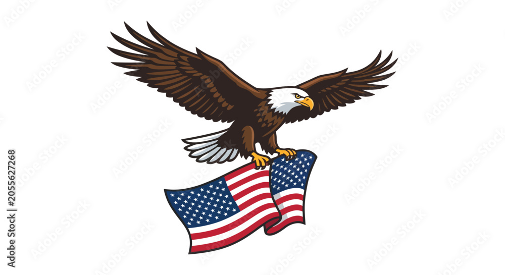 Fototapeta premium Bald eagle perched upon a waving american flag a detailed vector illustration on a white background bird