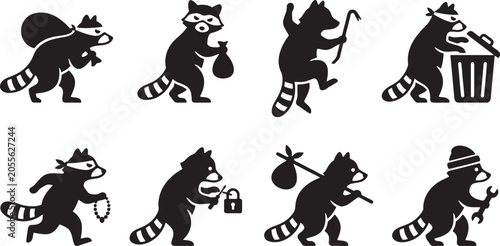 Tableau sur toile Black silhouette collection of mischievous cartoon raccoons acting as bandits ca