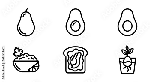 Foto Avocado Icons Set, Healthy Food Graphics, Guacamole & Toast Vector Elements, Org