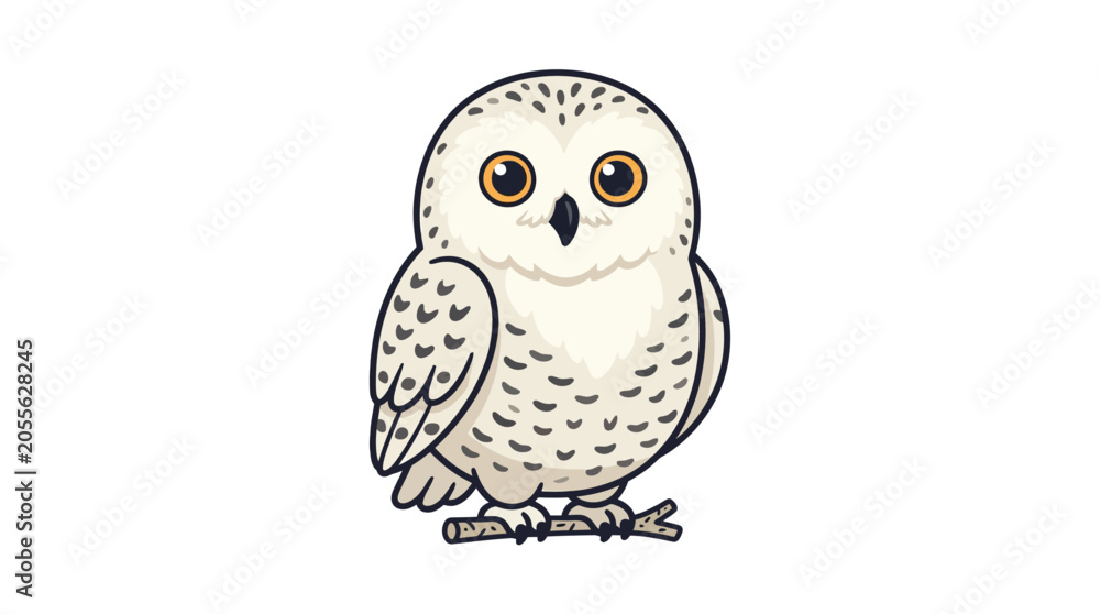 Naklejka premium Charming cartoon snowy owl sitting on a branch.