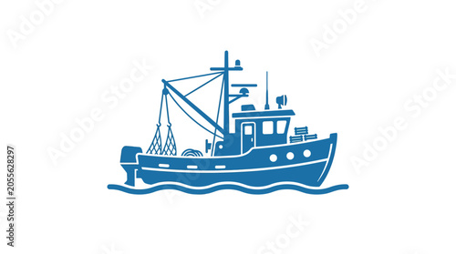 Foto Blue fishing boat vessel icon on white background.