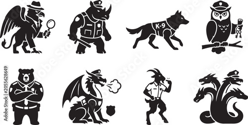 Konstfotografi Black silhouette collection of animals working as police officers security guard
