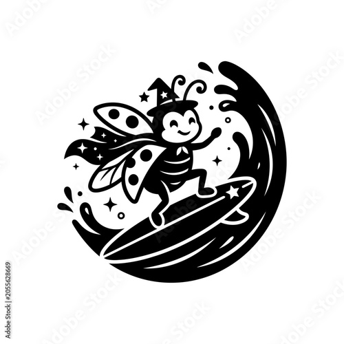 Photography Cute ladybug wizard surfing on a dark ocean wave.