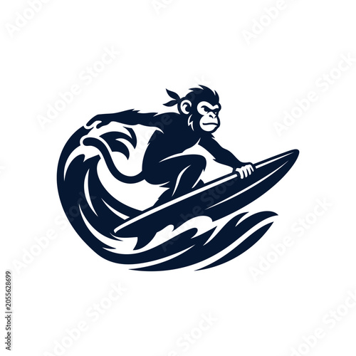 Photography Monkey surfing on a surfboard riding a wave.