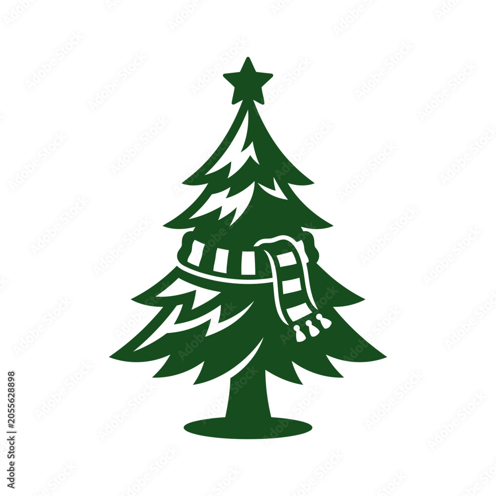 Obraz premium Stylized green Christmas tree wearing a cozy striped scarf.