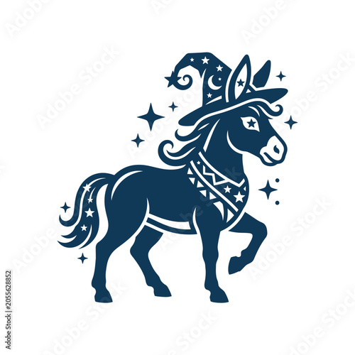 Cuadro en lienzo Whimsical donkey wearing a wizard hat among magical stars.
