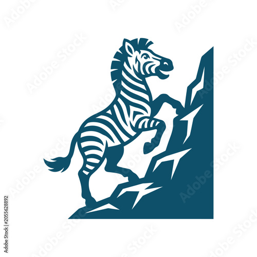 Фотография Zebra climbing steep rocky mountain cliff mascot vector logo.