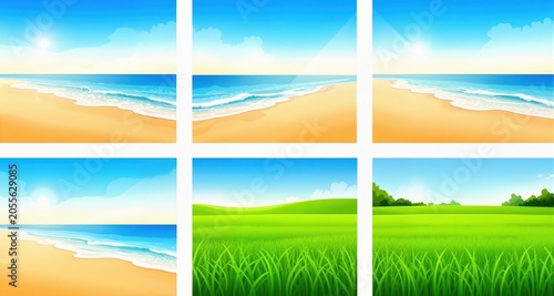 Set of vector landscape background. Beautiful illustration of sandy summer beach and green field. Summer holidays poster or banner design template
