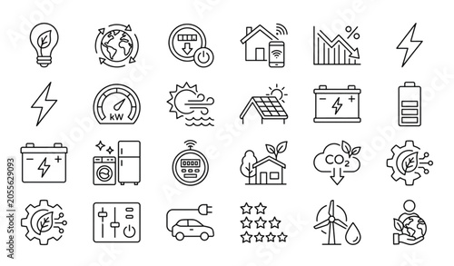 Energy Efficiency Outline Icon Set with Energy Saving Electricity Consumption and Smart Home Symbols