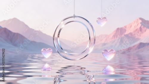 Glass hearts and circle over water