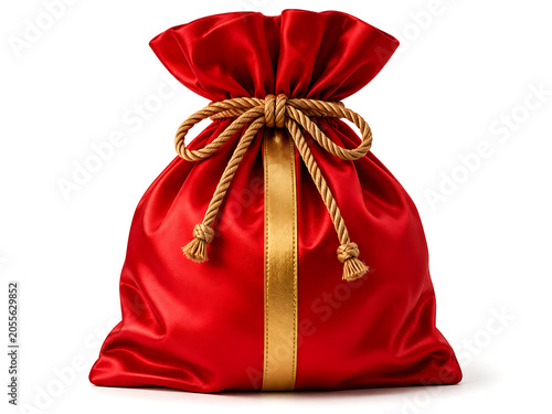 A festive red silk gift bag with gold cord and ribbon