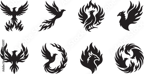 Tableau sur toile Black silhouette collection of flaming phoenix bird symbols in artistic circular
