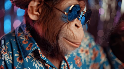 Monkey wearing sunglasses and straw hat, in Hawaiian shirt, looking cool