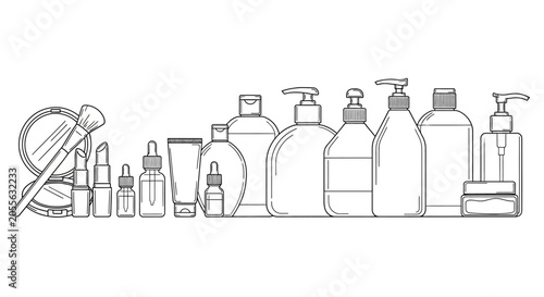 Bild auf Leinwand Line drawing of various beauty and skincare products, cosmetics concept, illustr