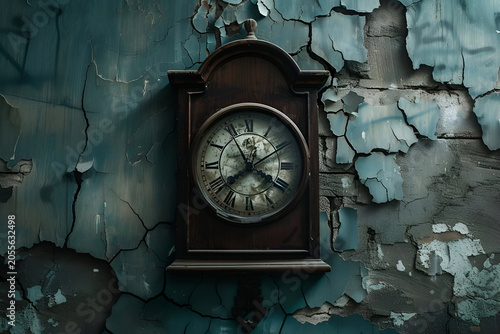 Antique wall clock on weathered peeling paint background