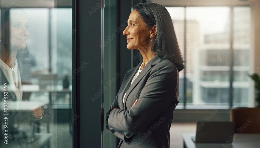 Fototapeta premium Confident Businesswoman Standing by Window in Modern Office Building