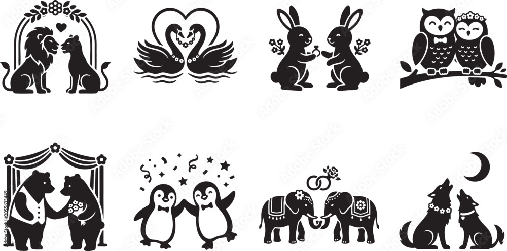 Obraz premium Romantic animal wedding couples kissing under decorative floral arches and frameworks