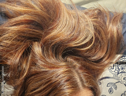Cuadro en lienzo Close up of long wavy brown hair with blonde highlights texture