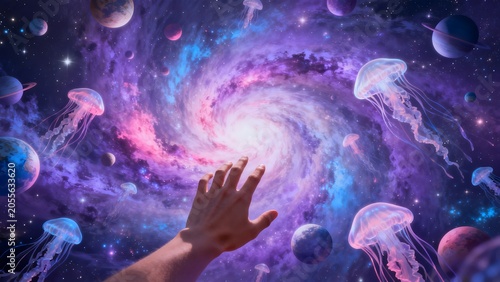 Hand reaching into cosmic jellyfish