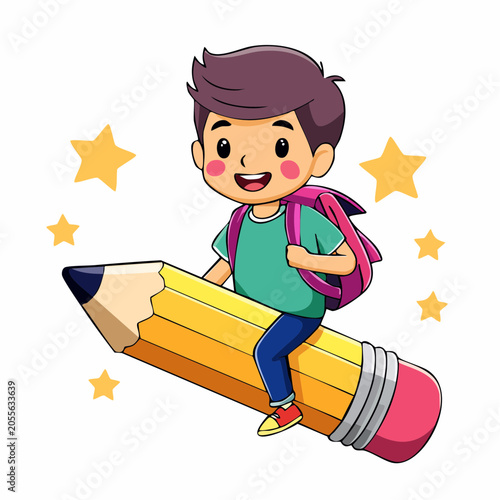 Cartoon boy riding a flying pencil with stars