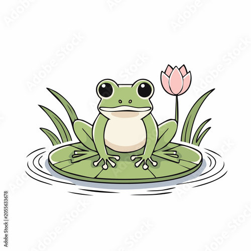 Cute Cartoon Frog Sitting on a Lily Pad with a Lotus Flower